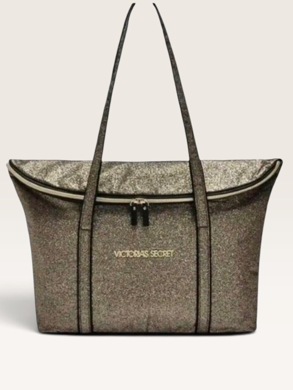 Victoria's Secret Black Metallic Gold Glitter Zipper Weekender Travel Tote Bag